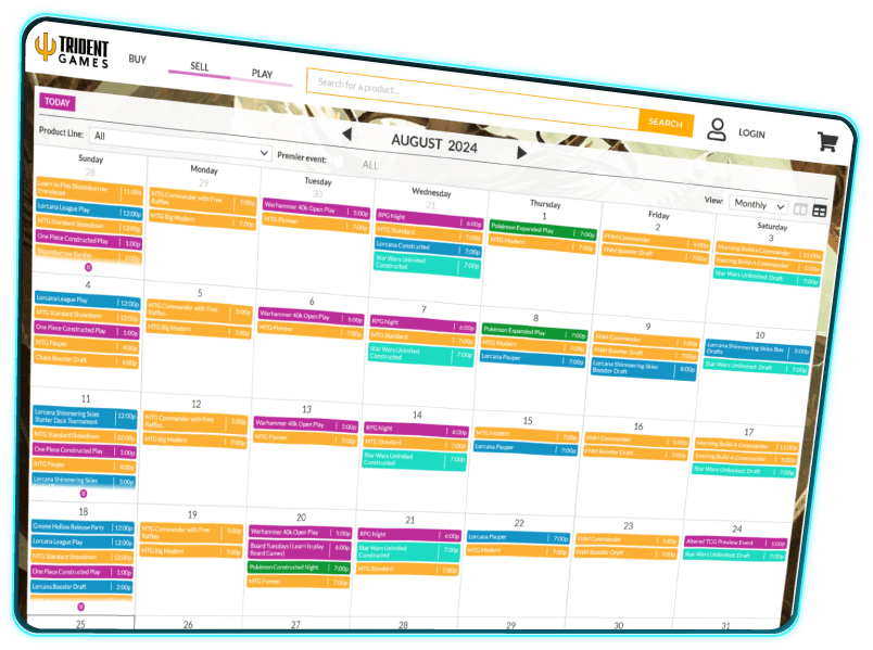 A webpage showing an event calendar with different colors for different product lines